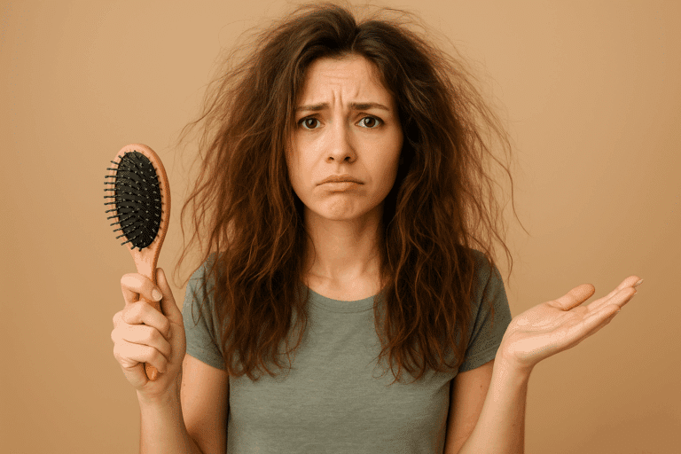 girl-with-frizzy-hair-and-hair-brush-in hand
